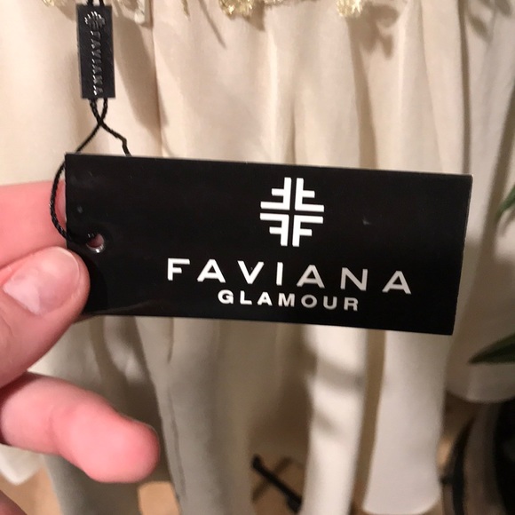 Faviana Sheer Lace Overlay Gold Trim Dress - Picture 5 of 7